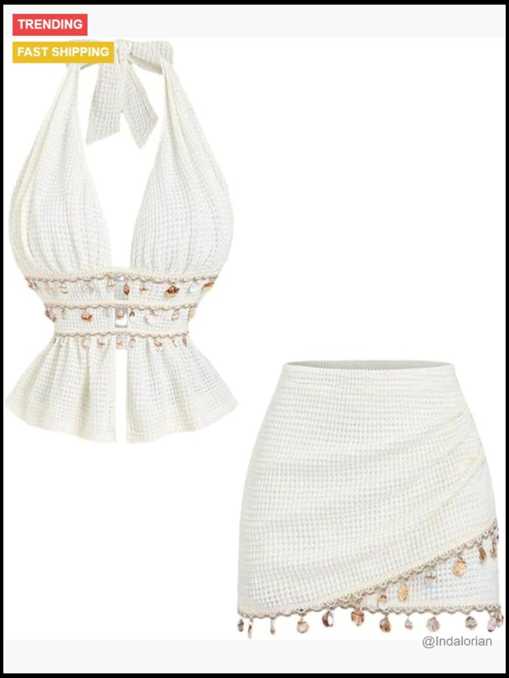 Women's 2 Piece Skirt Set Halter Crop Top Asymmetrical Skirt Seashell Fringe